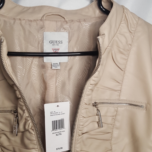 Guess Jacket XL Light Weight Fitted Faux Leather Moto Bomber Rouched Zipper - Picture 4 of 6